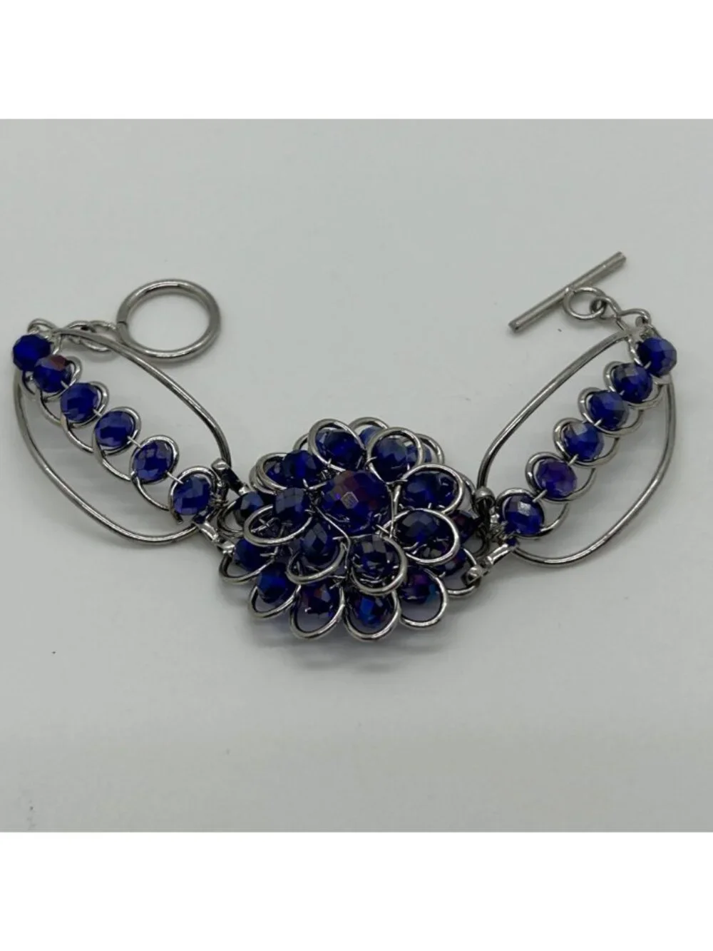 Handcrafted Silver-Tone Blue Rhinestone Crystal Floral Rosette Toggle Clasp Stat